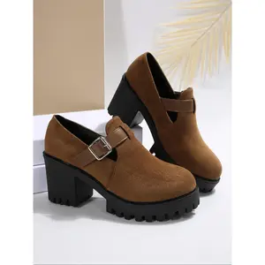 Fashionable Women's Metal Buckle Thick Sole Chunky Heel Shoes, Platform Mary Janes, Vintage Style, Heightening Effect, Casual Fall Winter