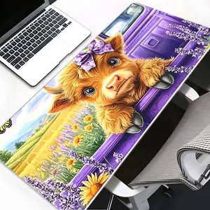 Cute Bow Highland Cow Healing Style Gaming Desk Mat, Desktop Accessory, Desktop Decoration Protection Pad, Rubber Non-Slip Lock Edge Multi-Sized Pad, Suitable For Laptop Desktop Gaming Work Home, Ideal Gift For Family And Friends
