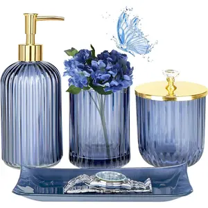 Blue Bathroom Accessories, 4-Piece Glass Bathroom Set Includes Soap Dispenser, Toothbrush Holder, Medicine Bottle, Dressing Plate, Decorative Bathroom Storage Decorations, Housewarming Gifts