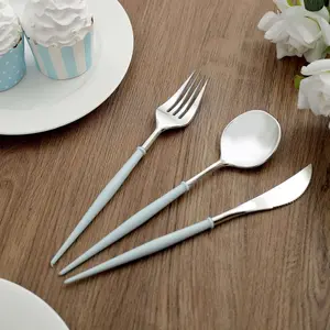 24-Pack Plastic Flatware Set 8" Silver with Light Blue Handle - Modern Heavy Duty Disposable Silverware