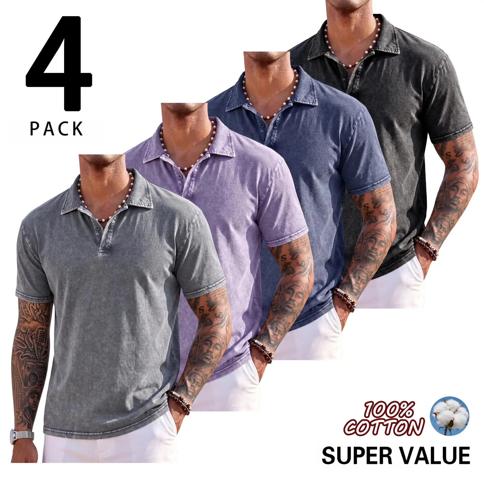 Men’s 4 pack 100% cotton vintage washed short sleeve polo shirts—casual turn down collar half button tops, soft summer everyday streetwear T shirts