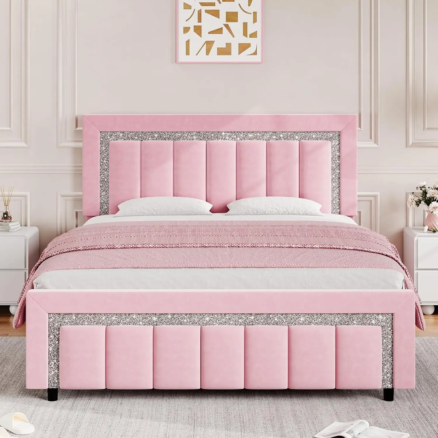 HOMBCK Bed Frame, No Mattress, Velvet Upholstered, Diamond Headboard, Vertical Channel Tufted Headboard, No Box Spring Needed, Easy Assembly
