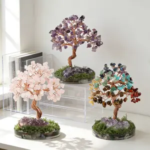 Crystal Money Tree Ornament with Purple Cluster Crystal Base Gemstone Bonsai Decoration, Living Room Bedroom Office Table Decoration Statue Ornament, Ideal Gift for Valentine'S Day, Mother'S Day and Easter, Home Decor Accessory