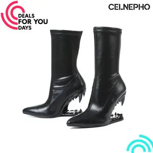 CELNEPHO Womens Morso Mid Calf Boots Pointed Toe Tiger Teeth Elegant Hollow Shaped Heel Comfy Fashionable Shark Teeth Boot  Easy Pull on  Party Gift Concert Casual Wear Trendy Dress Shoes Deals For You Days