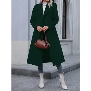 Autumn Winter Long Coat for Women Minimalist Fashionable Elegant Commuting Double-breasted Long-sleeve Faux Wool Coat Basic Casual OL Tops Vneck Polyester Smooth Chic Style Can be used with raincoatGift