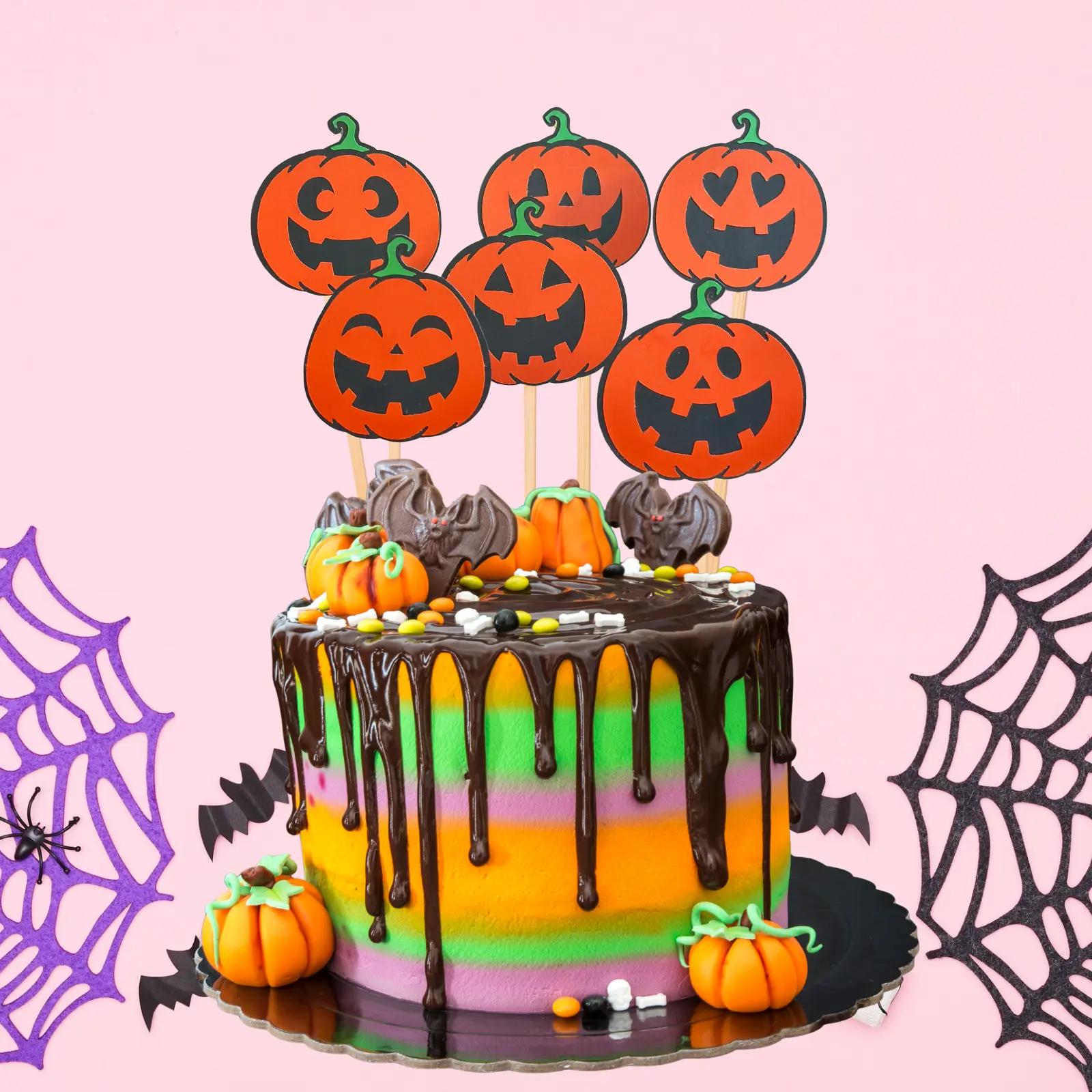 Halloween Cake Toppers 6pcs Set – 5 Spooky Styles – Ghost Bat Pumpkin Cat Skull – Cupcake Picks Party Decor