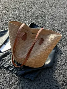 Women's Summer 2026Plain Straw Woven Tote Bag, Large Capacity Shoulder Bag for Travel Beach, Casual Commuting Bag, Girl Fashionable Shopping Bag, Casual Commuter Bag