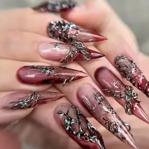 Gothic Press On False Nails - Blood Red Stiletto, Dark Luxury Chain, Vampire Burgundy Chrome, 3D Edgy Goth Design