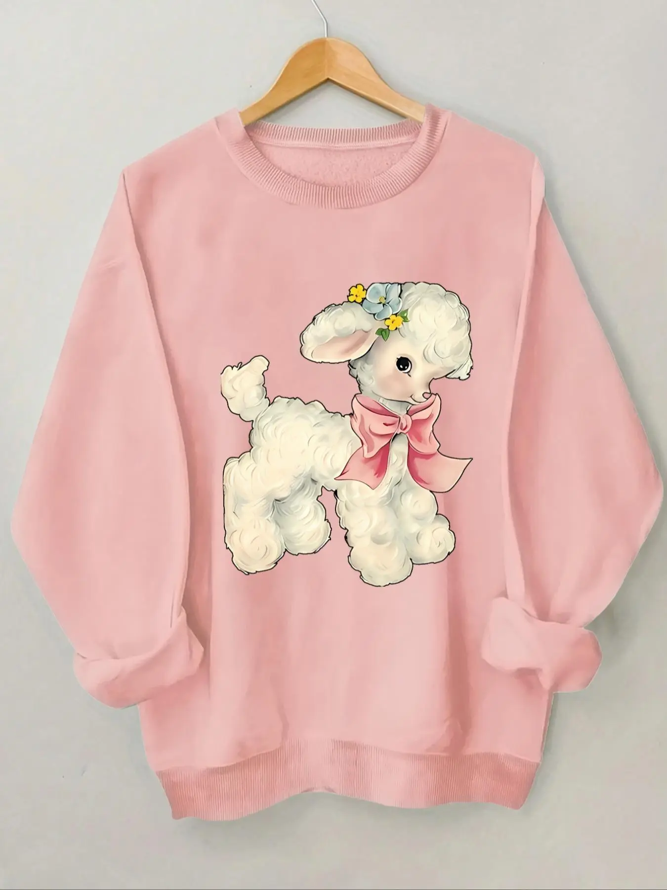 Women's Cartoon Lamb Print Round Neck Sweatshirt, Casual Long Sleeve Thermal Lined Pullover for Daily Wear, Ladies Clothes for All Seasons