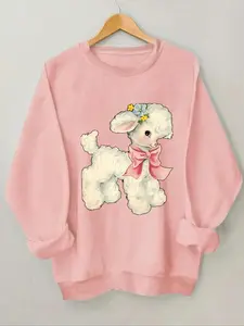 Women's Cartoon Lamb Print Round Neck Sweatshirt, Casual Long Sleeve Thermal Lined Pullover for Daily Wear, Ladies Clothes for All Seasons