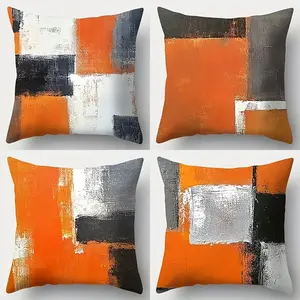 Abstract Geometric Orange Decorative Pillow Covers, Set of 4 with Invisible Zipper, Easy to Clean. Suitable for Bedroom, Living Room, Sofa, Car and Home Decoration (Pillow Inserts Not Included).