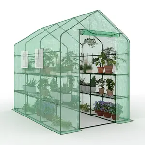 Heavy Duty Portable Greenhouse, 57" w x 85" l x 77" h Walk-in Garden Greenhouse with Thick PE Cover, Mesh Door, Screen Windows, 3-Tier 18-Shelf System for Outdoor Plants