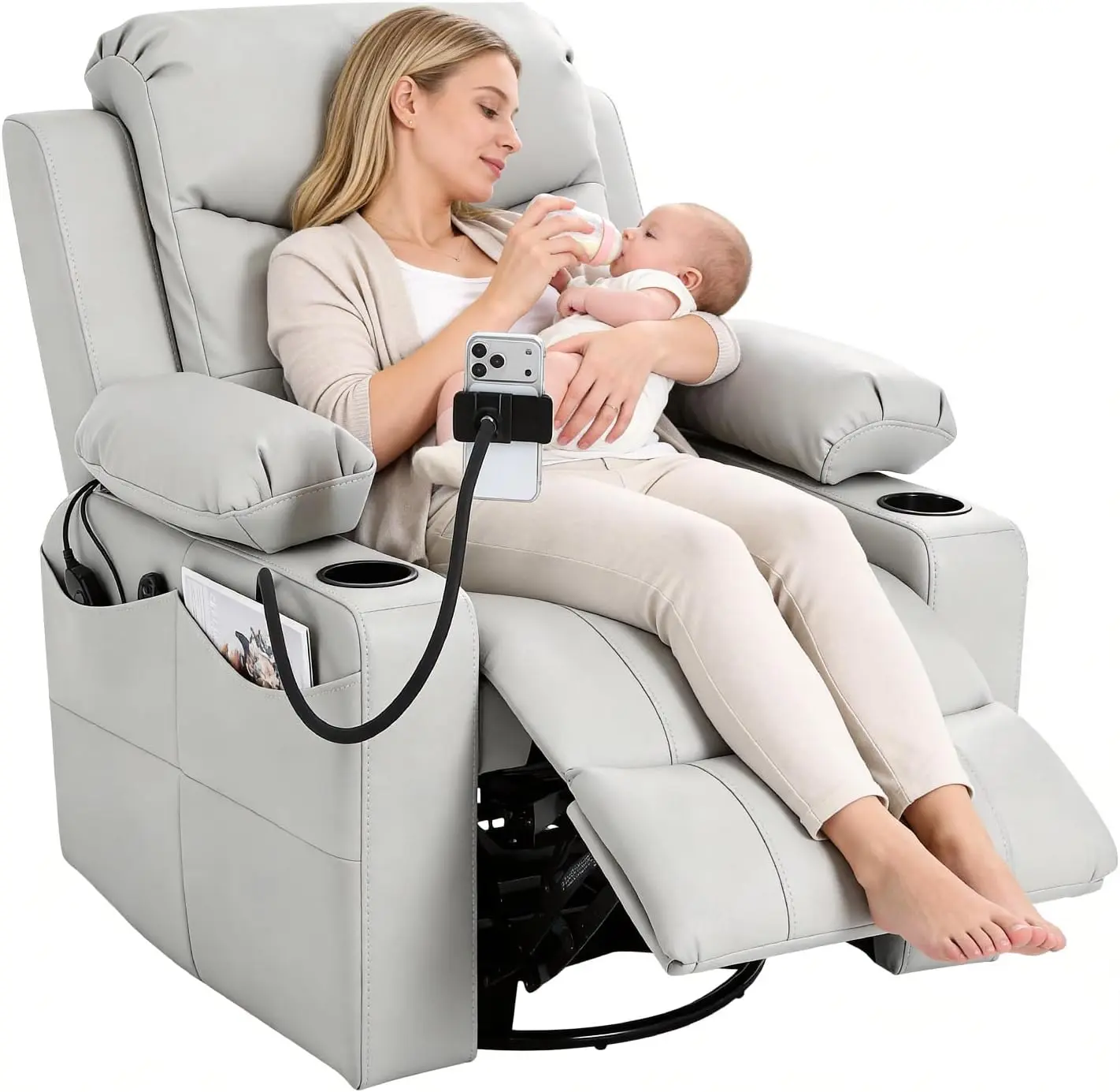 Electric Nursery Recliner Chair, Triple Motor Power Glider, 270° Swivel Rocking Chair with Adjustable Armrests, 8-Point Massage & Lumbar Heating, Phone Holder & Storage, Upholstered Nursing Chair