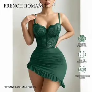 Women's Contrast Lace Nightdress & Thong Sexy Lingerie Set, Solid Color Nightdress & Panty Set, Lingerie Set for Women, Womenswear, Lady Nightwear, Cami Nightdress