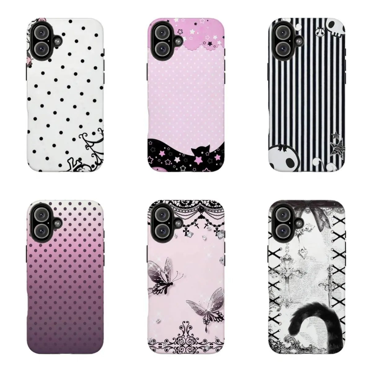 Pastel Goth Grunge Aesthetic Gothic Lolita Lace Pattern Retro Emo Scene Punk Stripes Cute Bat Cat Silhouette Dark Coquette Protective Cover. Y2K Mall Goth Phone Case for iPhone 16 15 14 13 12 11 Pro Max X XR XS 7 8 Plus