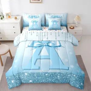 Cute Blue Bow Comforter Bed Set with Sheets,Teen Girl Initial Letter 7 Piece Bedding Set,Trendy Coquette Bow Bed Bag,Preteen Preppy Cute Bows Bed Set