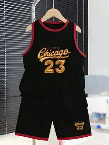 Chicago 23 Letter Print Kids Basketball Vest Set, Ideal for Basketball Activities, Daily Wear, School Sports Day, Outdoor Play
