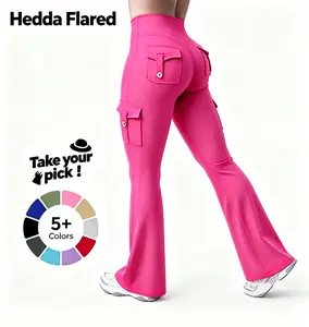 High Waisted Flared Yoga Leggings for Women, Hidden Scrunch Design, Pockets & No Front Seam, Cargo Fitness Pants