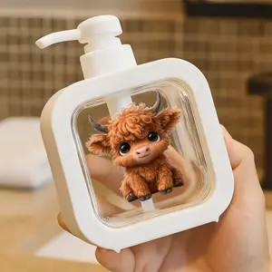 Cute Pump Dispenser featuring Adorable Baby Highland Cow Design - Refillable Plastic Soap or Cleansing Liquid Pump Bottle for Bathroom & Kitchen - Functional & Fun Home Decor