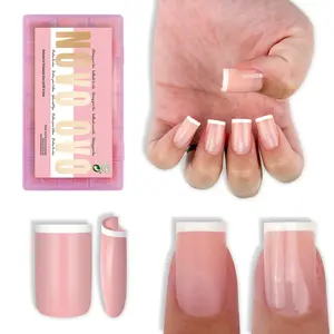 NOVO OVO Short Sharp Square White Mirco French Tip Nail Tips Press on Baby Pink, Need Builder Gel Top Coat Nail Glue,Soft Gel Fake Nail Extension, Full Cover False Nails Salon DIY x15 Sizes 240 pcs