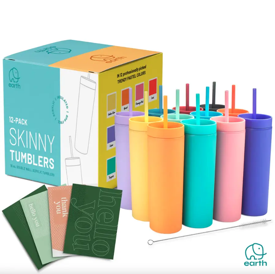 Pastel Color Mix - Pack of 12, 16 oz Acrylic Tumblers with Straws and Lids