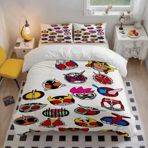 3Pcs Q Kamen Rider Helmet Collection Illustrations Themed Vibrant 100 Polyester Bedding Set, Colorful Art Print, Warm Christmas Gift, Great for Home & Guest Room, 1 Duvet Cover 2 Pillowcases (No Insert)