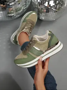Women's Olive Patchwork Chunky Sole Dad Shoes, Metal Shiny Rhinestone Decor, Vintage Height Increasing Casual Sport Sneakers, Lace Up Sneakers, Rhinestone Embellished Sneakers