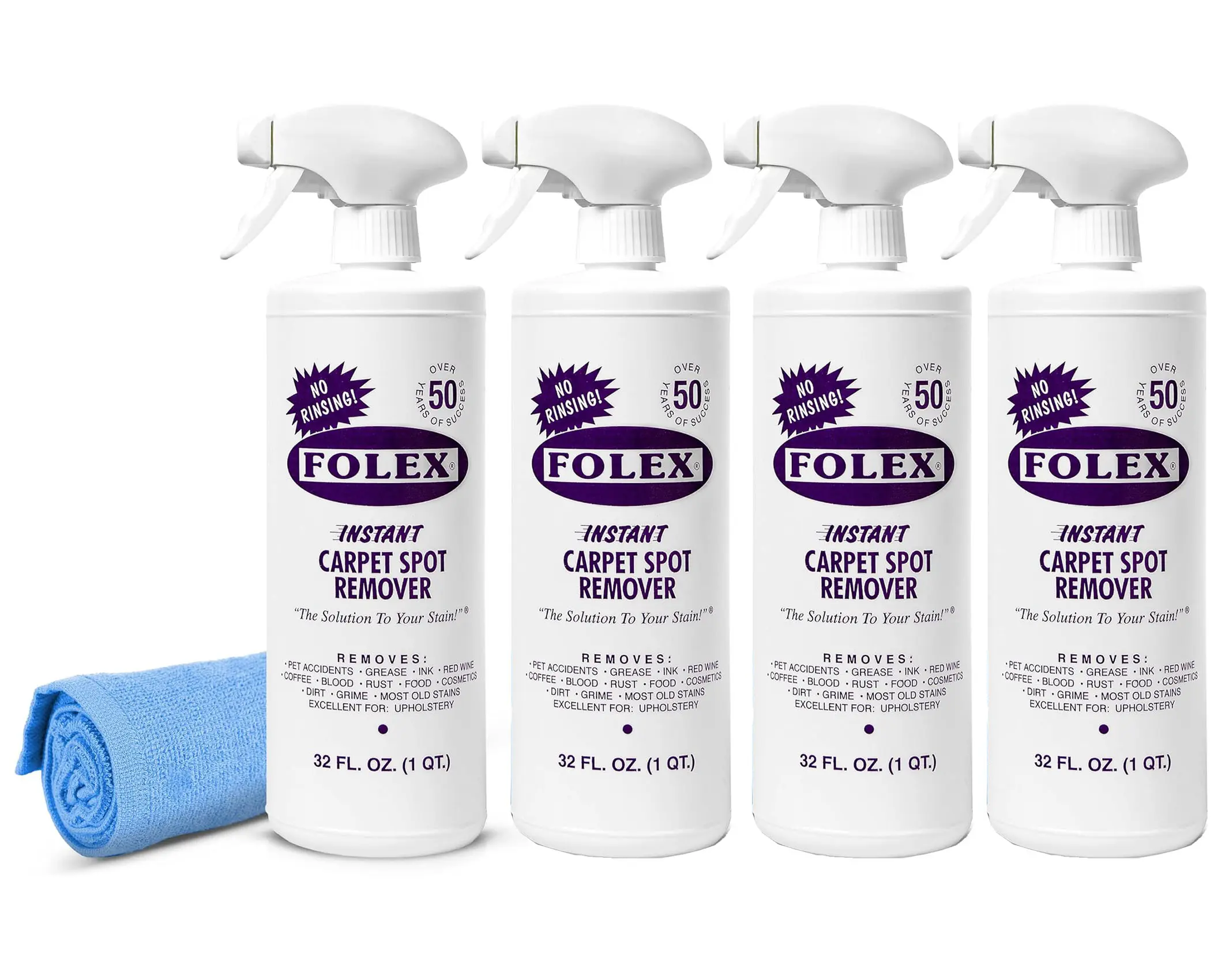 FOLEX Instant Carpet Spot Remover 32 oz – Powerful Stain Remover for Carpets, Upholstery & Rugs – Eliminates Pet Stains, Grease, Red Wine, Food, Makeup & More – With Reusable Cleaning Cloth – 4 Pack