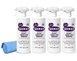 FOLEX Instant Carpet Spot Remover 32 oz – Powerful Stain Remover for Carpets, Upholstery & Rugs – Eliminates Pet Stains, Grease, Red Wine, Food, Makeup & More – With Reusable Cleaning Cloth – 4 Pack