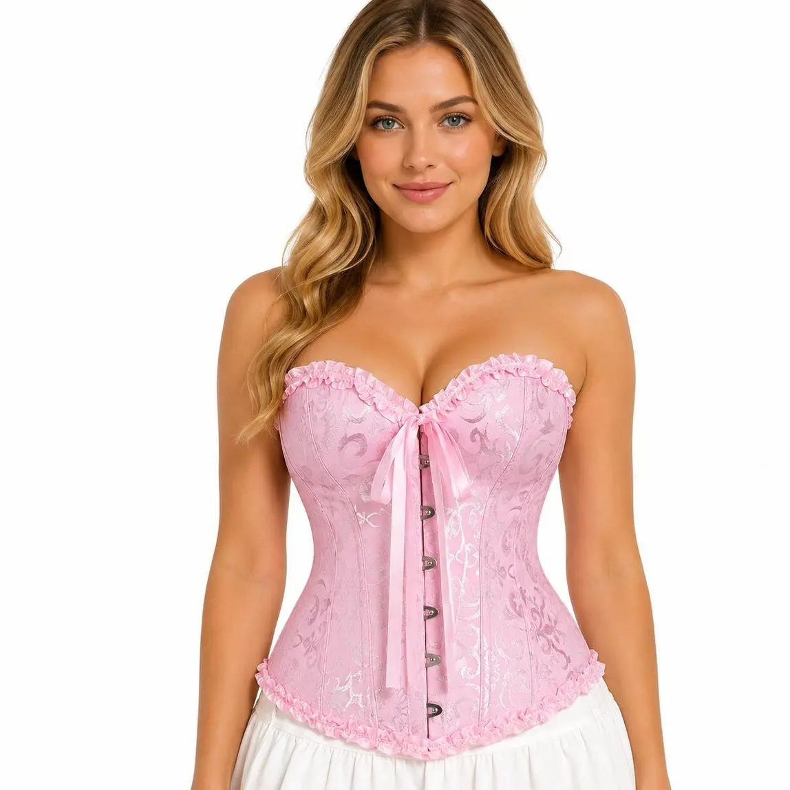 Women's Lace-Up Boned Overbust Corset Top - Body Contouring Shapewear Bustier Lingerie, Floral Blue Gothic Witchy Halloween Costume Party Outfit D3, Clothes