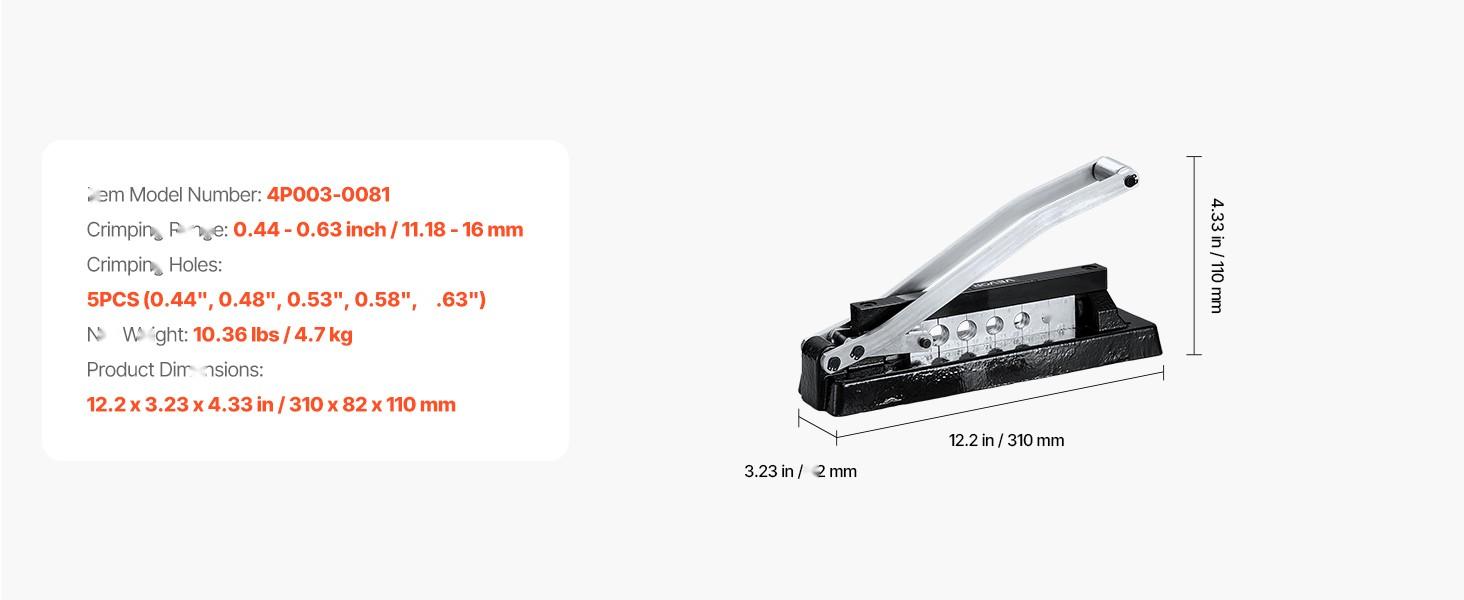 Heavy Duty Hose Ferrule Crimping Tool With Five Die Holes And A 0.44 To 0.63 Inch Crimping Range For PVC, Rubber And Air Hoses, Bench Mount Crimper For Repair, Assembly And Maintenance, Ferrules Not Included
