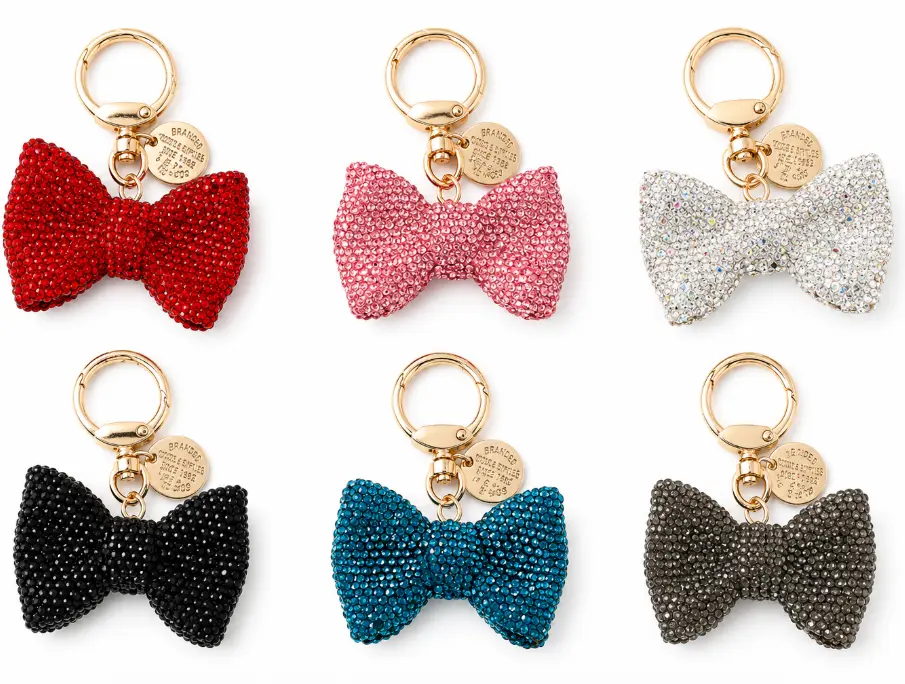 Full Rhinestone Bow‑Knot Keychain with Metal Spring‑Loaded Key Ring, Sparkly Crystal Bow Key Charm, Elegant Mini Tag Pendant, Stylish Car Key Accessory, Trendy Handbag Backpack Decoration Gift for Women Girls