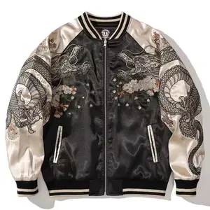 Makuluya Men Zippers High Street Sukajan Souvenir Jacket Pilot Bomber Letterman Varsity Award Dragon Sakura Embroidery Coats L