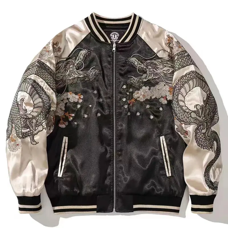 Makuluya Men Zippers High Street Sukajan Souvenir Jacket Pilot Bomber Letterman Varsity Award Dragon Sakura Embroidery Coats L