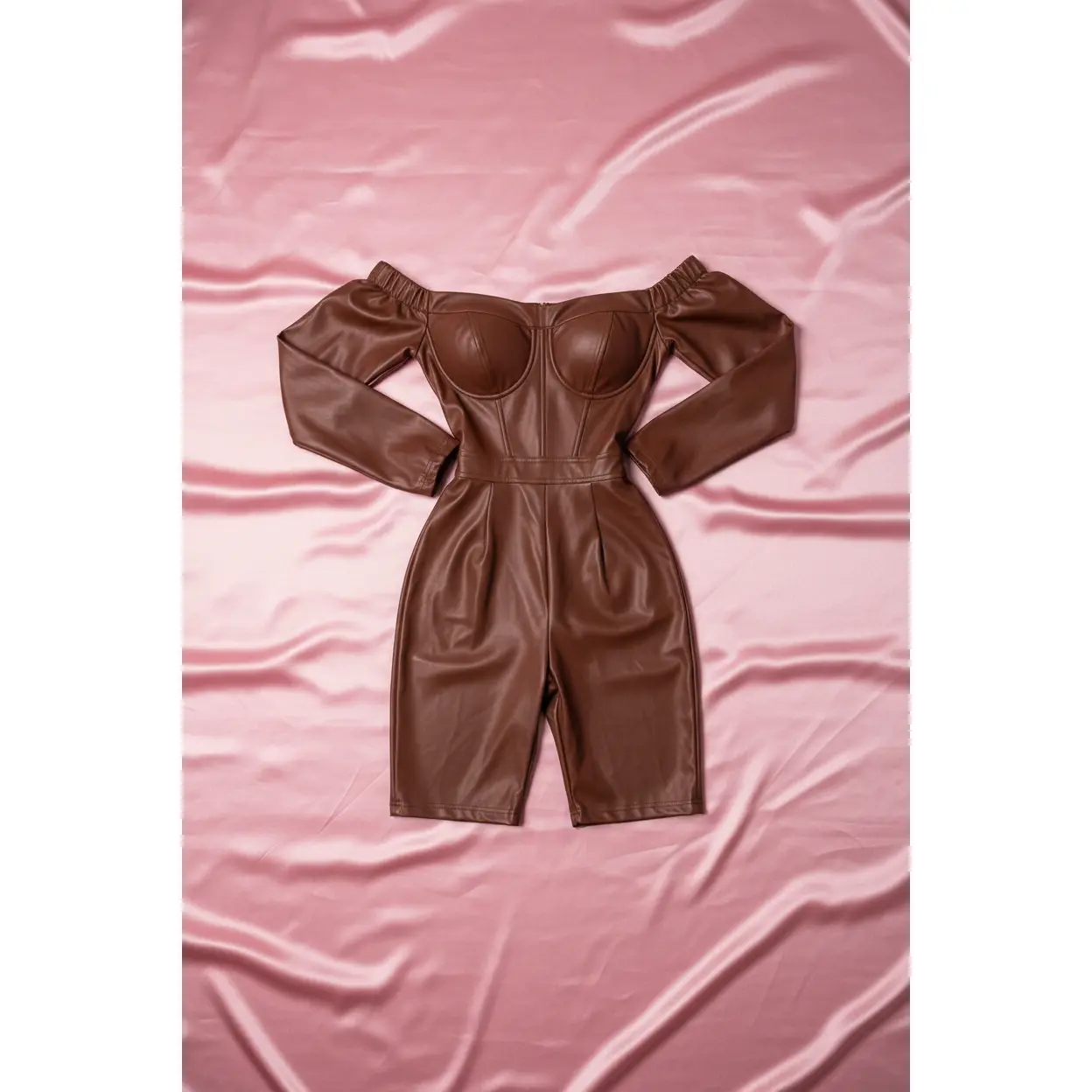 PU Leather Jumpsuit - Brown, Long Sleeve, Slim Fit, Zipper Closure, Comfortable Design for Women