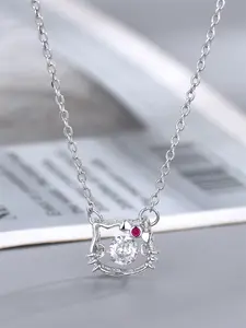 Women's Elegant Copper Animal Pendant Necklace, Artificial Zircon Cat Design Jewelry Gift for Women, Wedding Party Accessory, Zircon Stones Necklace