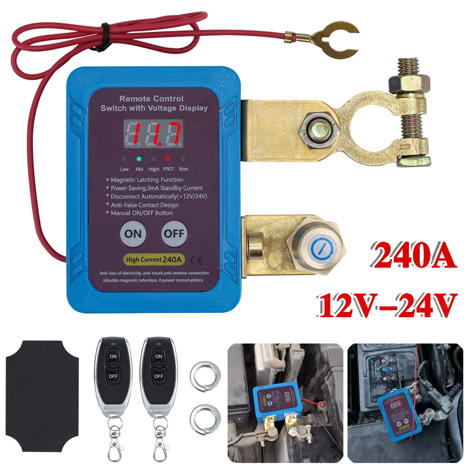 Remote Battery Disconnect Kill Switch, 12V/24V 240A with LED Voltage Display | Safety Power Cut-Off for Car, RV, ATV, Marine & Automotive Vehicles