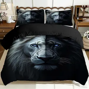 2/3 Pcs Comfortable Black And White Lion Decorative Duvet Cover Set, Soft And Breathable, 100% Polyester Fiber High-Definition Digital Printing Design, All-Season Home Gift, Machine Washable (1 Duvet Cover +1/2 Pillowcase, No Filling)