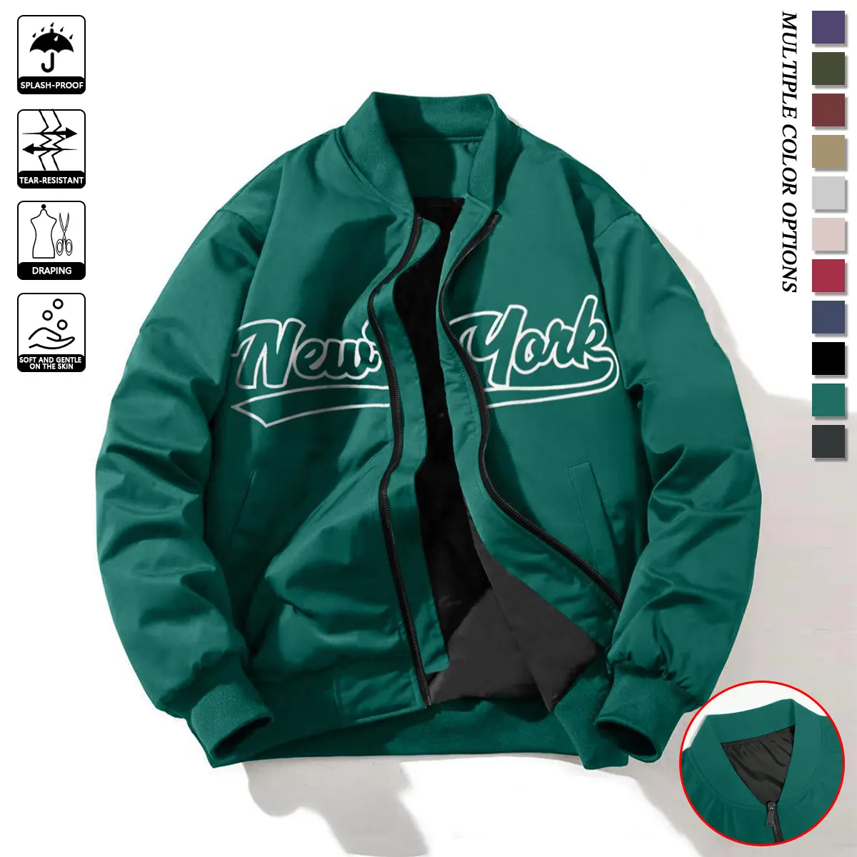 Men's casual baseball jacket with New York letter print and baseball collar - softshell thin zipper outdoor hiking jacket, polyester fabric with lining, functional pockets, suitable for urban street style