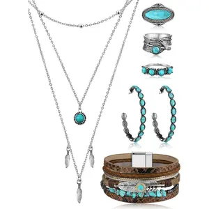 Bohemian Western Turquoise Jewelry Set for Women – Country Style Pendant Long Choker Layered Bracelets Earrings Ring – Vintage Native American Costume Accessories Set