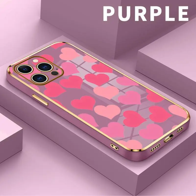 Electroplating Phone Case for iPhone 17 Air 15 Pro Max 16 14 Plus 13 12 11 Hearts in Blush Patterned Classic Square Design Non Slip TPU Soft Shell,Can be given as a holiday gift to friends or family.