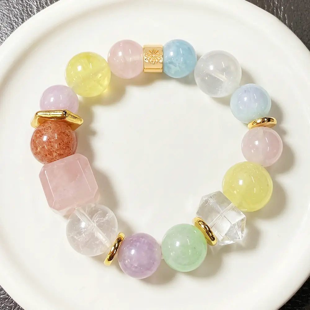 Natural Crystal Petal Mixed Pastel Bracelet - Chunky 14-Stone 7-Inch Jewelry with Morganite, Rose Quartz, Aquamarine, Strawberry Quartz, Metal Accents, Elastic Band, Minimalist Fairycore Layering Piece for Wedding Gifting, Calm Mind, Unisex Adults
