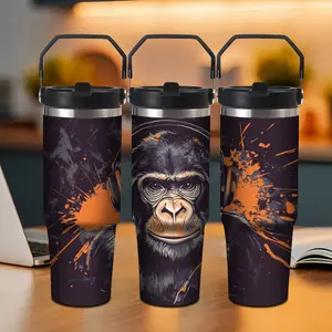 1 30oz Monkey Pattern Stainless Steel Coffee Mug with Lid - Vacuum Insulated Travel Handle, Durable Outdoor Kettle for Camping, Adventure, Holiday Gifts (Father's Day, Mother's Day, Graduation) Customized Tumbler water Digital Egg Stranger Things