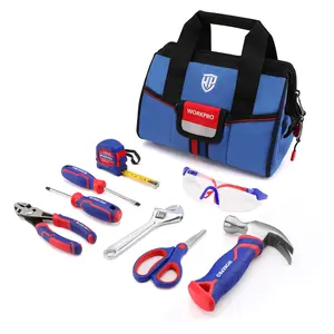 #SpringGlowUp WORKPRO 9-Piece Kids Real Hand Tool Set, Blue Junior Tool Kit with Storage Bag for Boys, Girls, Children DIY Building and Woodworking, Age 8+