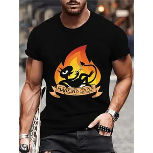 Men's "Mankind Sucks" Luci Disenchantment Demon Graphic T-Shirt - 100% Cotton 180gsm Crew Neck Tee with Bold Lettering & Fiery Demon Design, Micro-Elastic Comfort for Summer Casual Wear, Daily Outfits & Outdoor Activities, Breathable Fabric