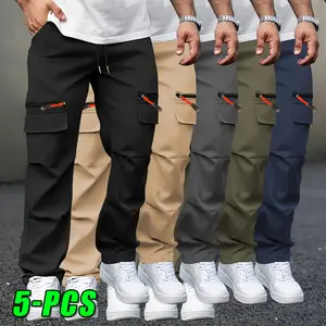 5-pack men’s casual fashion cargo pants, long pants with pockets, all-season straight-leg cargo pants featuring an adjustable drawstring waist and multiple pockets; versatile for casual wear, comfortable and breathable, suitable for outdoor activities and