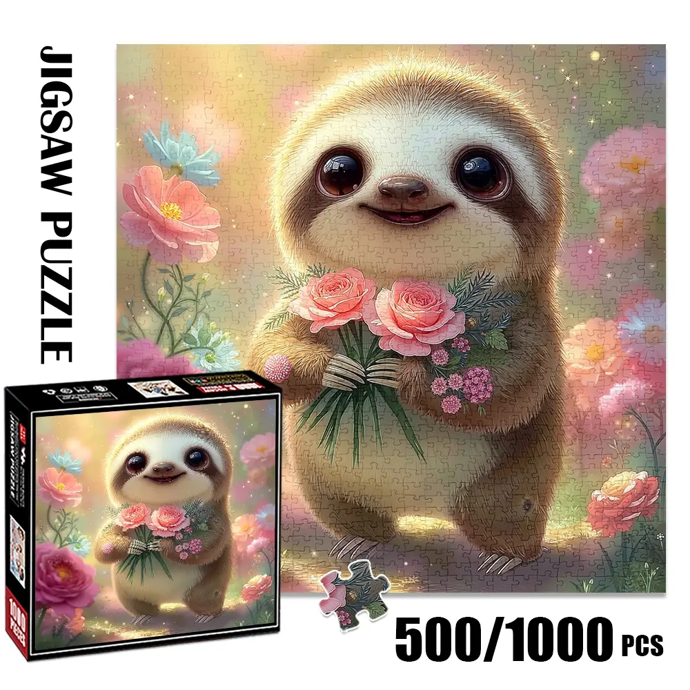 1pc 1000 piece adult puzzle 58x58cm Adorable Sloth Holding Flower Bouquet with Floral Background 500 pieces paper jigsaw puzzle suitable for DIY creative games for adults and families, birthday and h