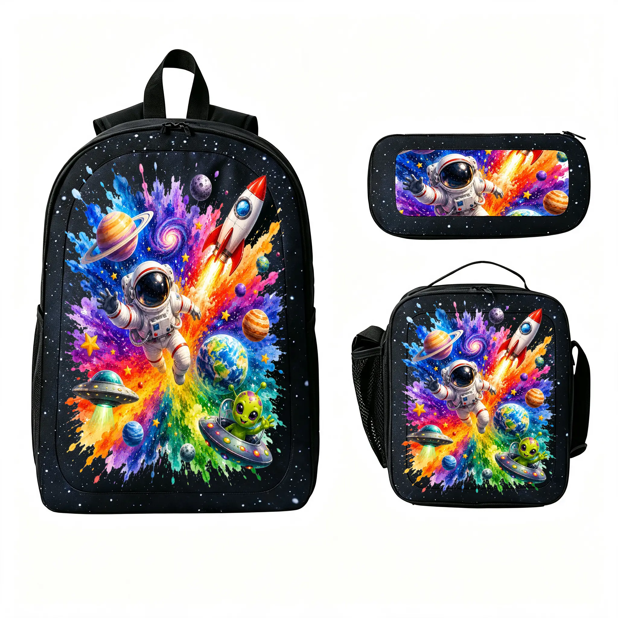 Back to School 3Pcs Kids Astronaut Space Backpack Set, Black 600D Oxford Cloth 100% Polyester Splash Resistant School Bookbag with Lunch Bag & Pencil Case, Large Capacity Lightweight Adjustable Strap Backpack for Boys Girls Student Outdoor Travel,sports