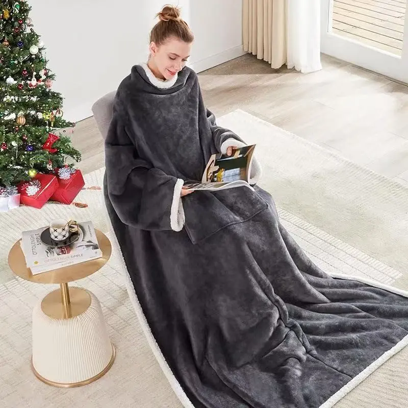 Catalan Sherpa Wearable Blanket with Sleeves and Pockets, Comfortable Warm Wraparound Bathrobe, Gift Idea, TV Blanket, Cozy Hooded Blanket