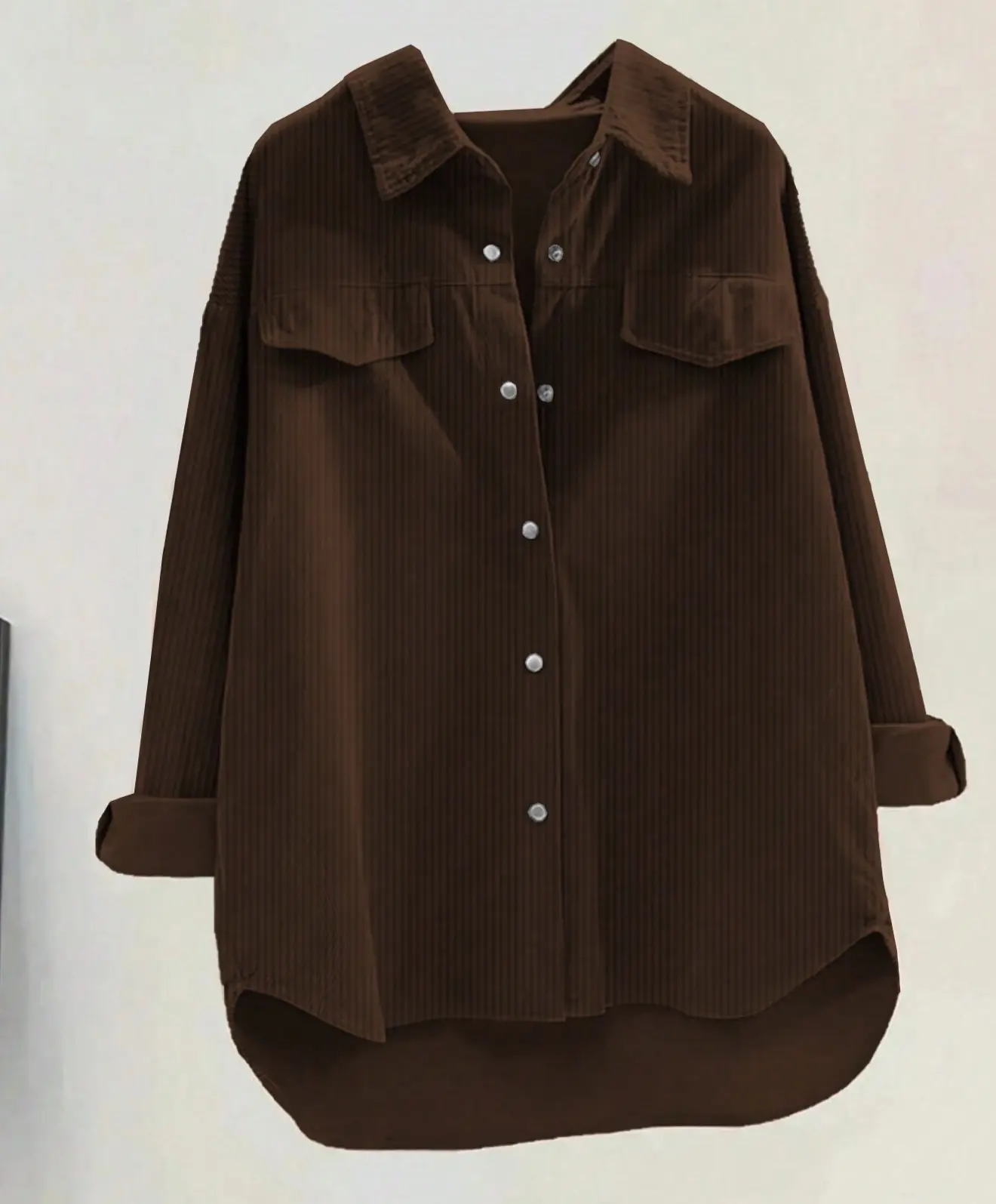 Long Sleeve Fit Shirt Fall Clothe for Women Brown Corduroy Button-Up Top